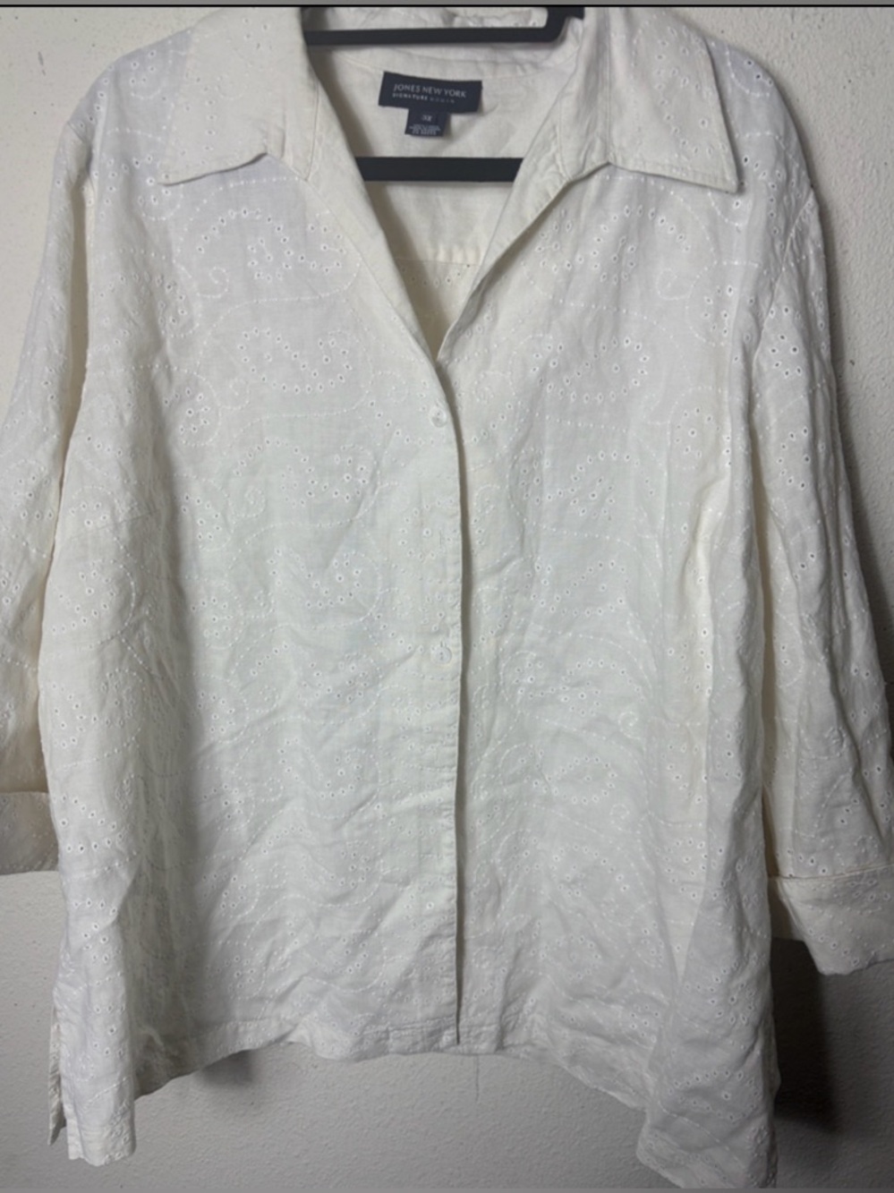 Jones New York Signature Linen White Button Down Embroidered 3X